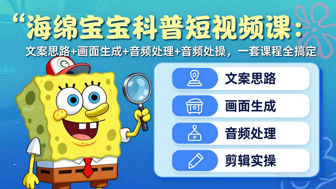 海绵宝宝科普短视频课：文案思路+画面生成+音频处理+剪辑实操，一套课程全搞定-酉宸轻创社