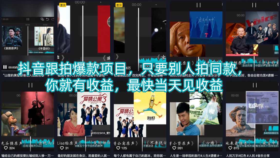 抖音跟拍爆款项目，只要别人拍同款，你就有收益，最快当天见收益-酉宸轻创社