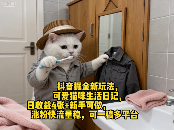 抖音掘金新玩法，可爱猫咪生活日记，日收益4张+新手可做，涨粉快流量稳，可一稿多平台-酉宸轻创社