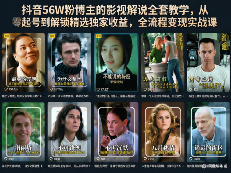 抖音56W粉博主的影视解说全套教学，从零起号到解锁精选独家收益，全流程变现实战课-酉宸轻创社