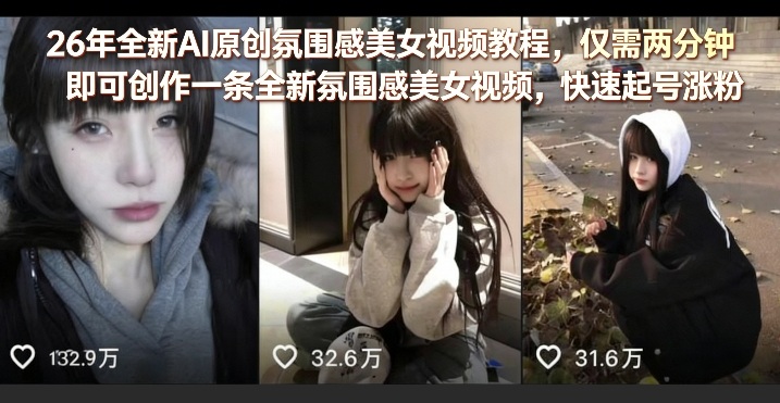 26年全新AI原创氛围感美女视频教程,仅需两分钟即可创作一条全新氛围感美女视频,快速起号涨粉-酉宸轻创社