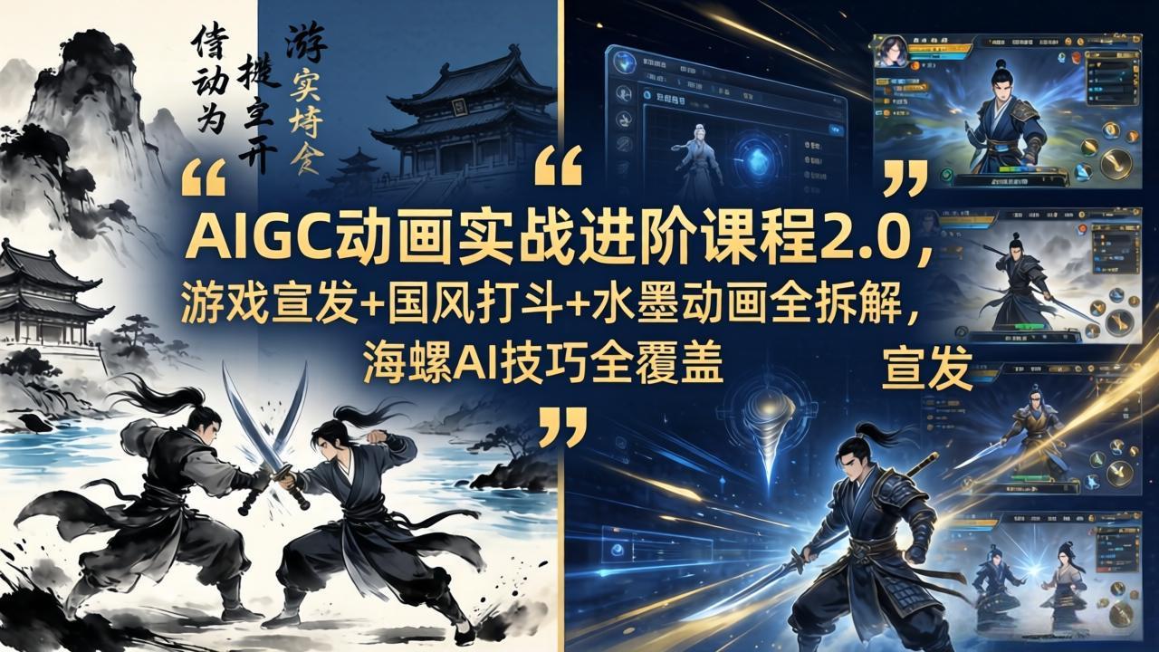 AIGC动画实战进阶课程2.0，游戏宣发+国风打斗+水墨动画全拆解，海螺AI技巧全覆盖-酉宸轻创社