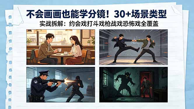不会画画也能学分镜！30+场景类型实战拆解：约会戏打斗戏枪战戏恐怖戏全覆盖-酉宸轻创社